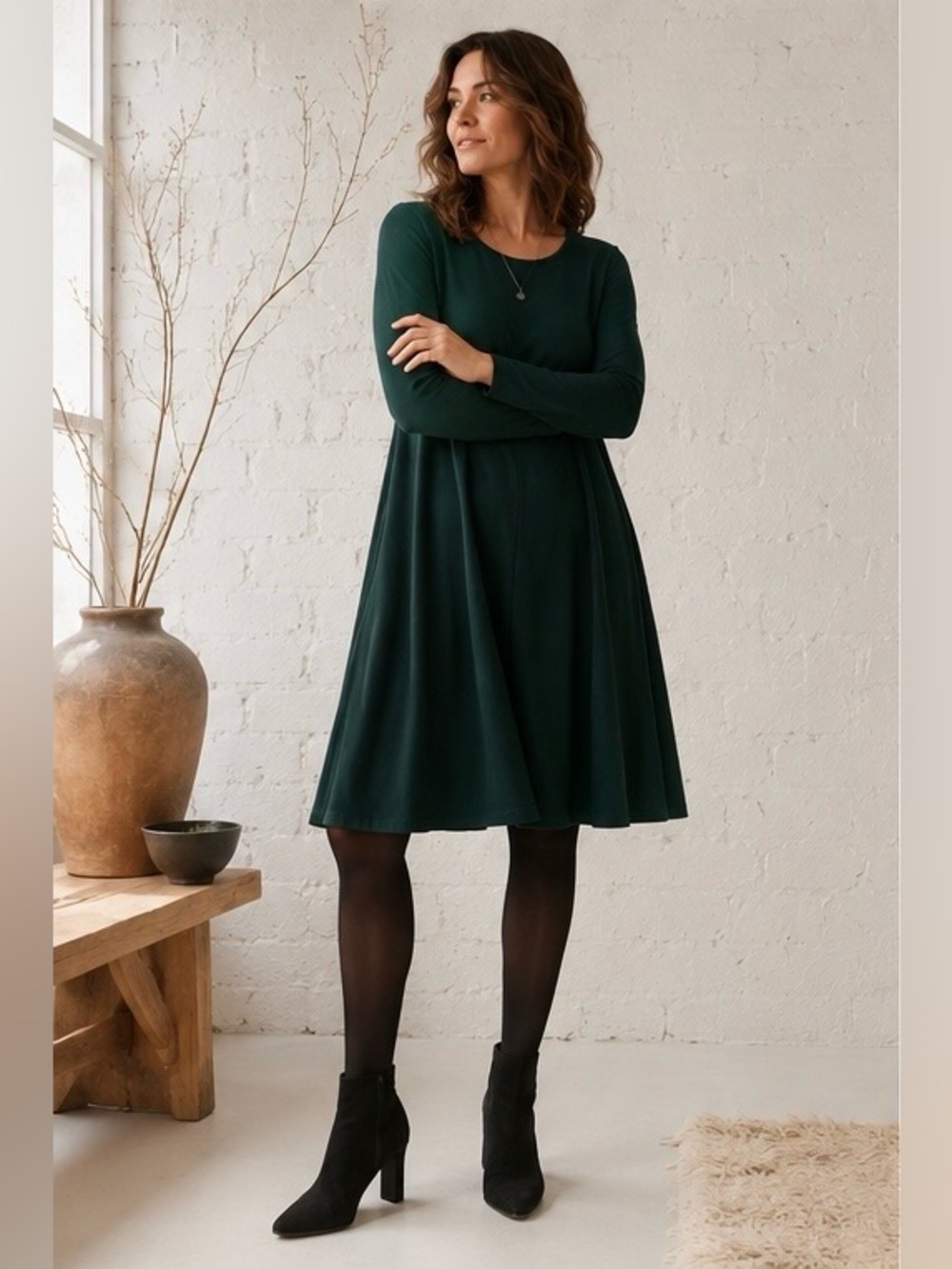 J JILL - 2X- Deep Emerald Green Dress Knit Dress. A-line, long sleeve. Modest.